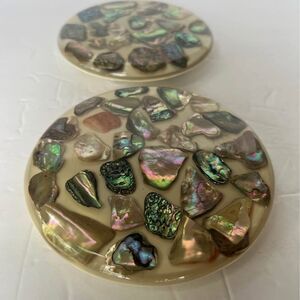 Pair Vintage Acrylic Lucite Clear White Abalone Shell trivet hot plates